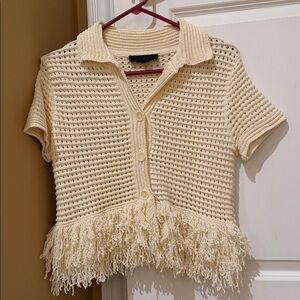 Zara Cream Knit Fringe Cardigan Shirt Sweater